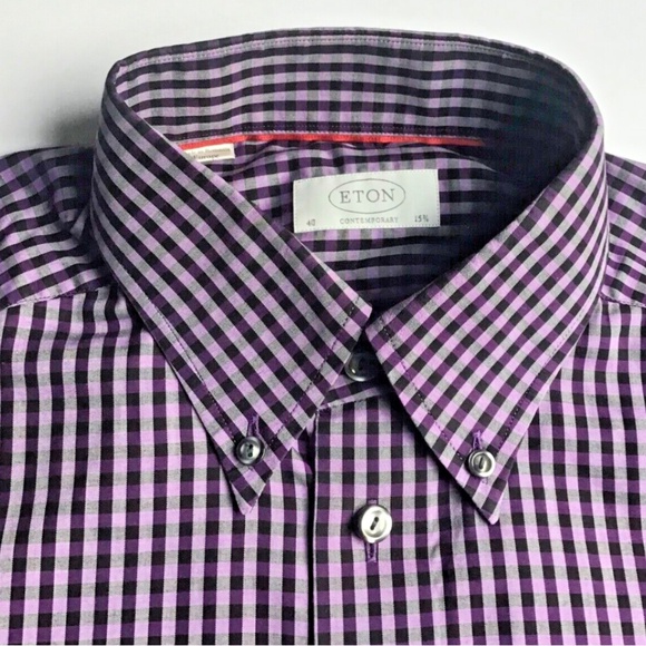 ETON contemporary purple checkered cotton shirt Sz 15 3/4 -40 cm made in Europe - Picture 7 of 12